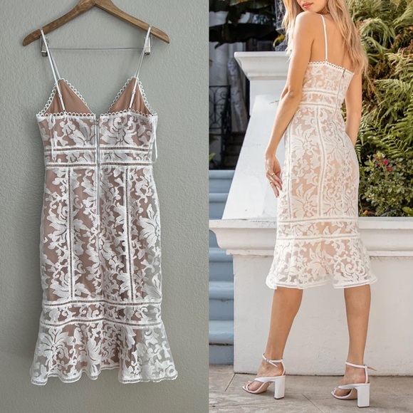 Alluring Love White and Beige Lace Trumpet Hem Midi Dress - Picture 3 of 13